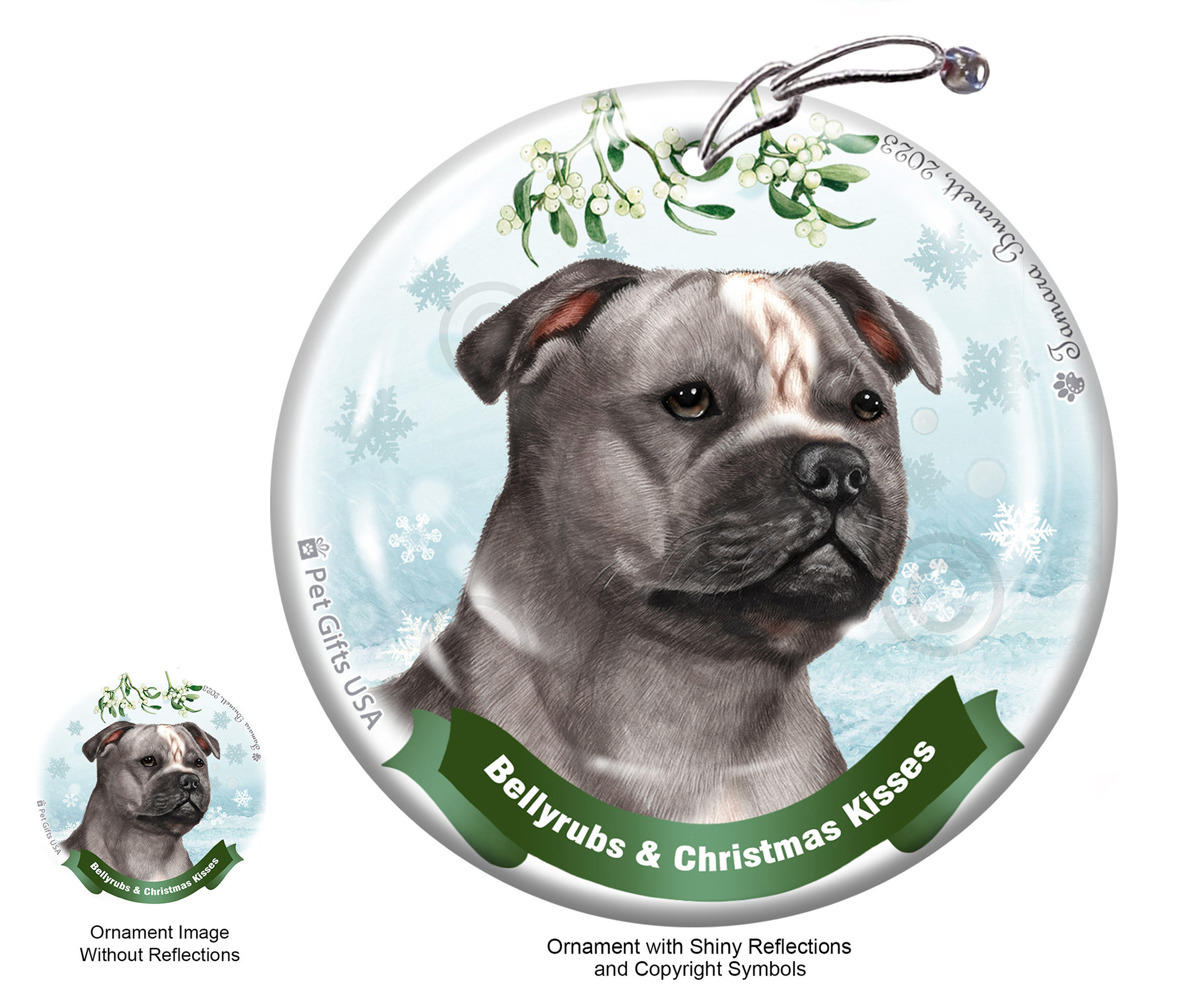 Staffordshire Terrier Blue and White Belly Rubs and Christmas Kisses Ornament image