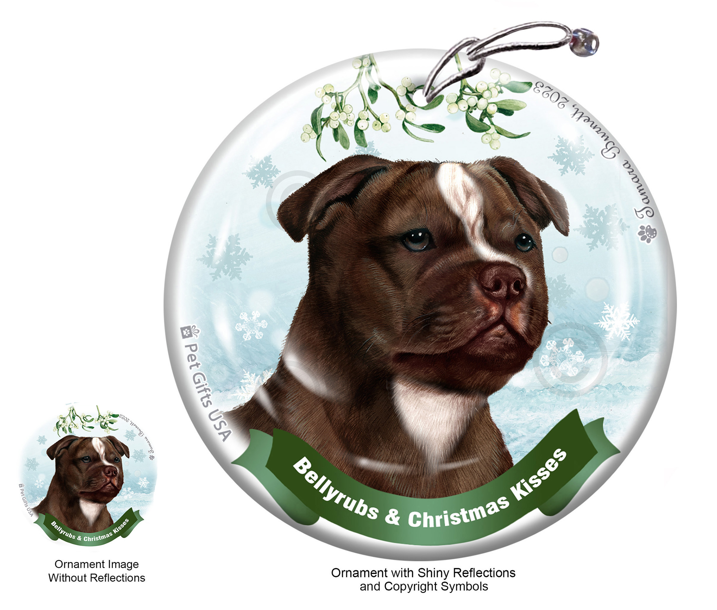 Staffordshire Terrier Chocolate and White Belly Rubs and Christmas Kisses Ornament image