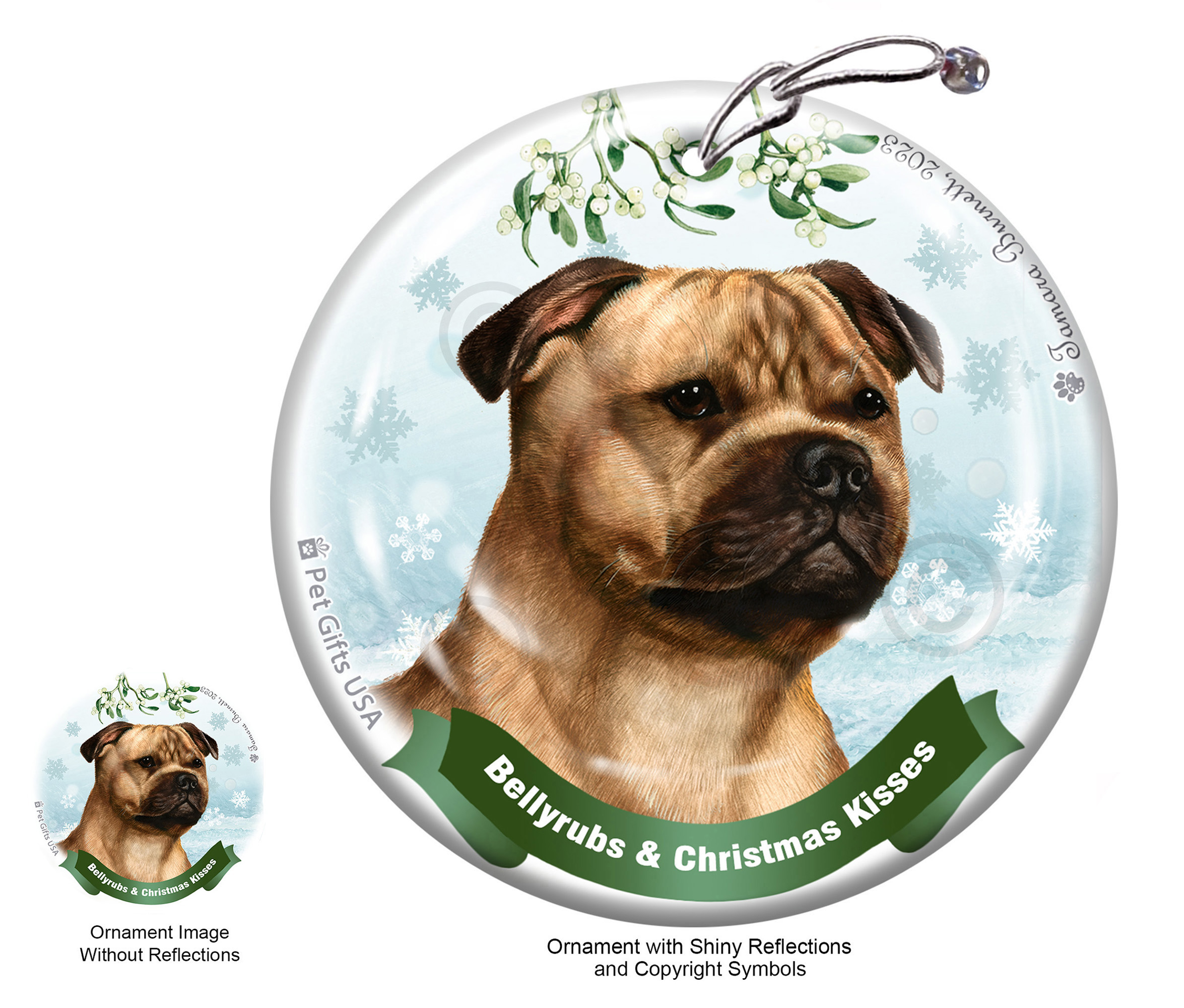 Staffordshire Terrier Fawn Belly Rubs and Christmas Kisses Ornament image