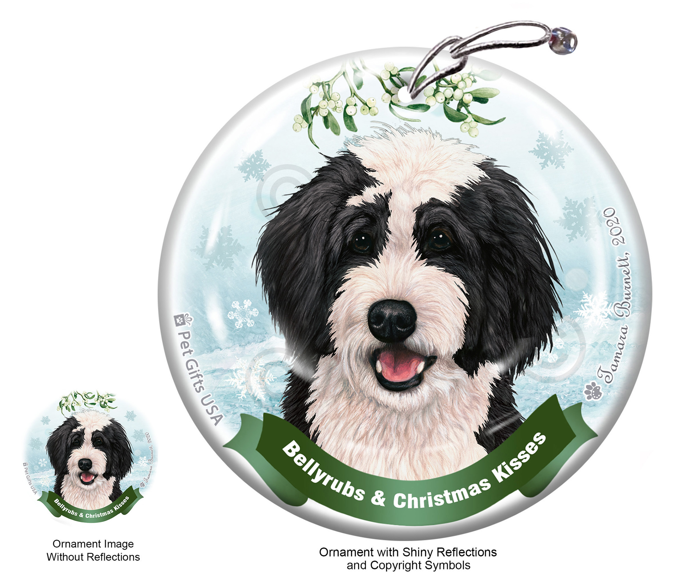 Bernedoodle Black and White Belly Rubs and Christmas Kisses Ornament image
