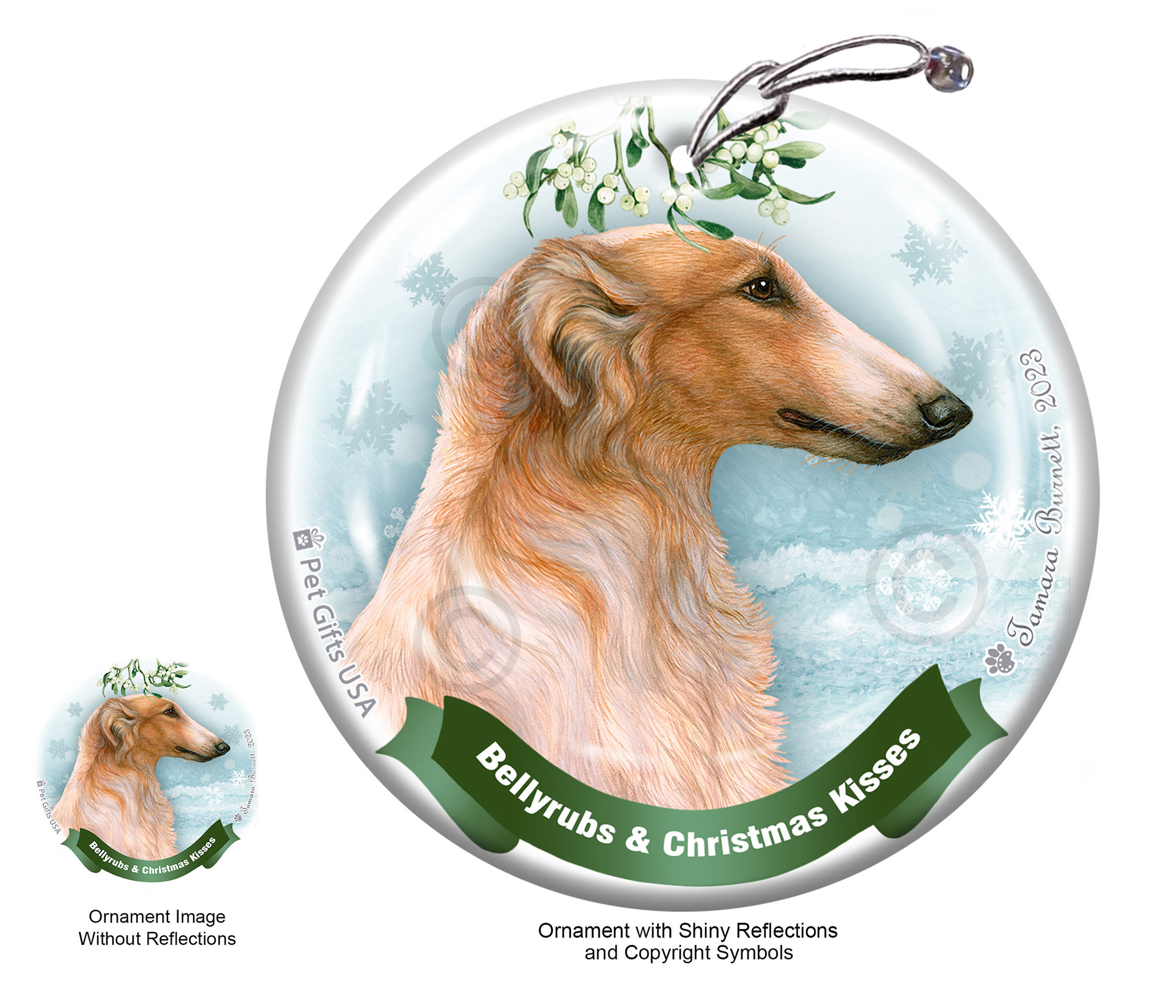 Borzoi White/Orange Belly Rubs and Christmas Kisses Ornament image