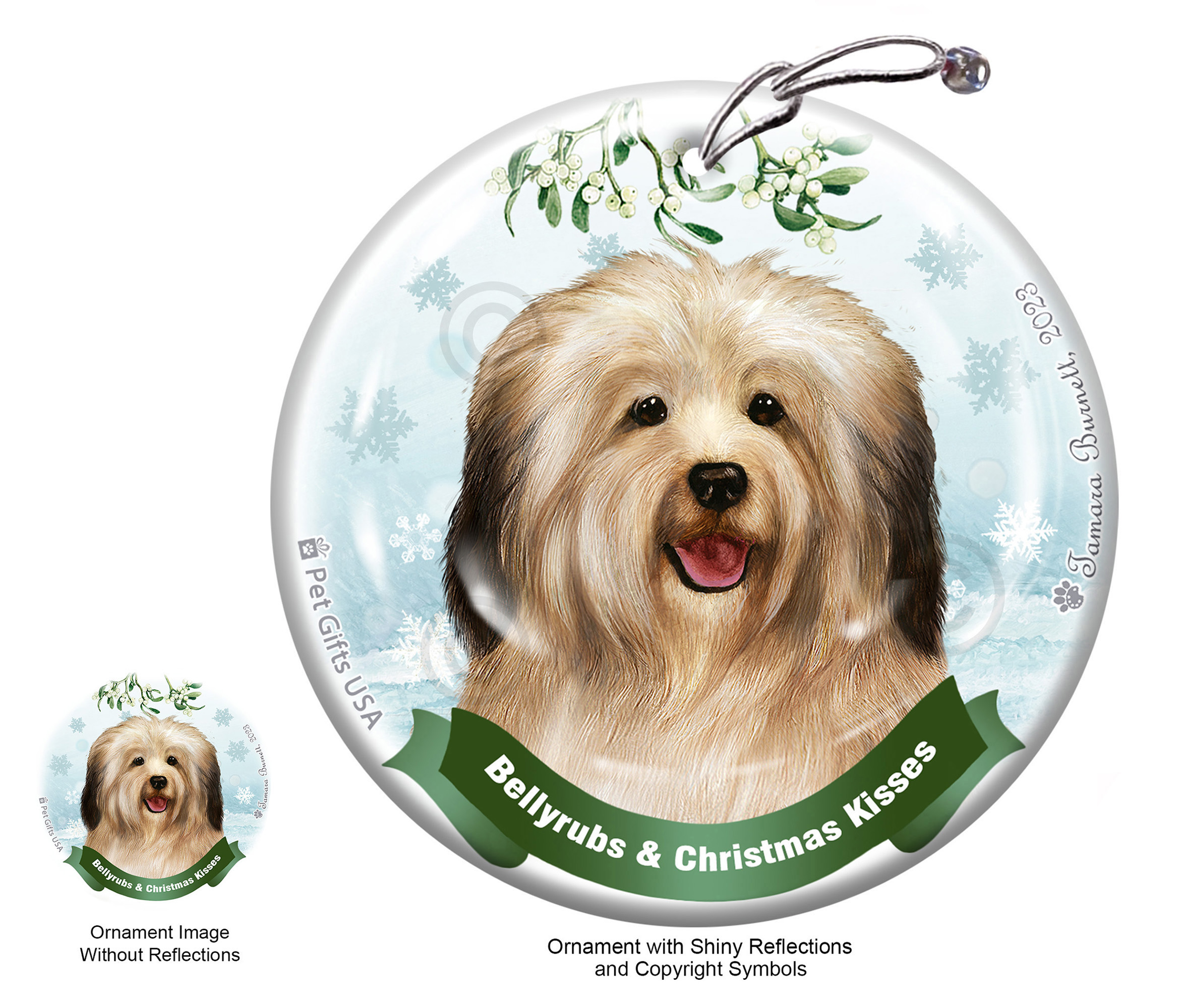 Havanese Cream Sable (Long) Belly Rubs and Christmas Kisses Ornament Image