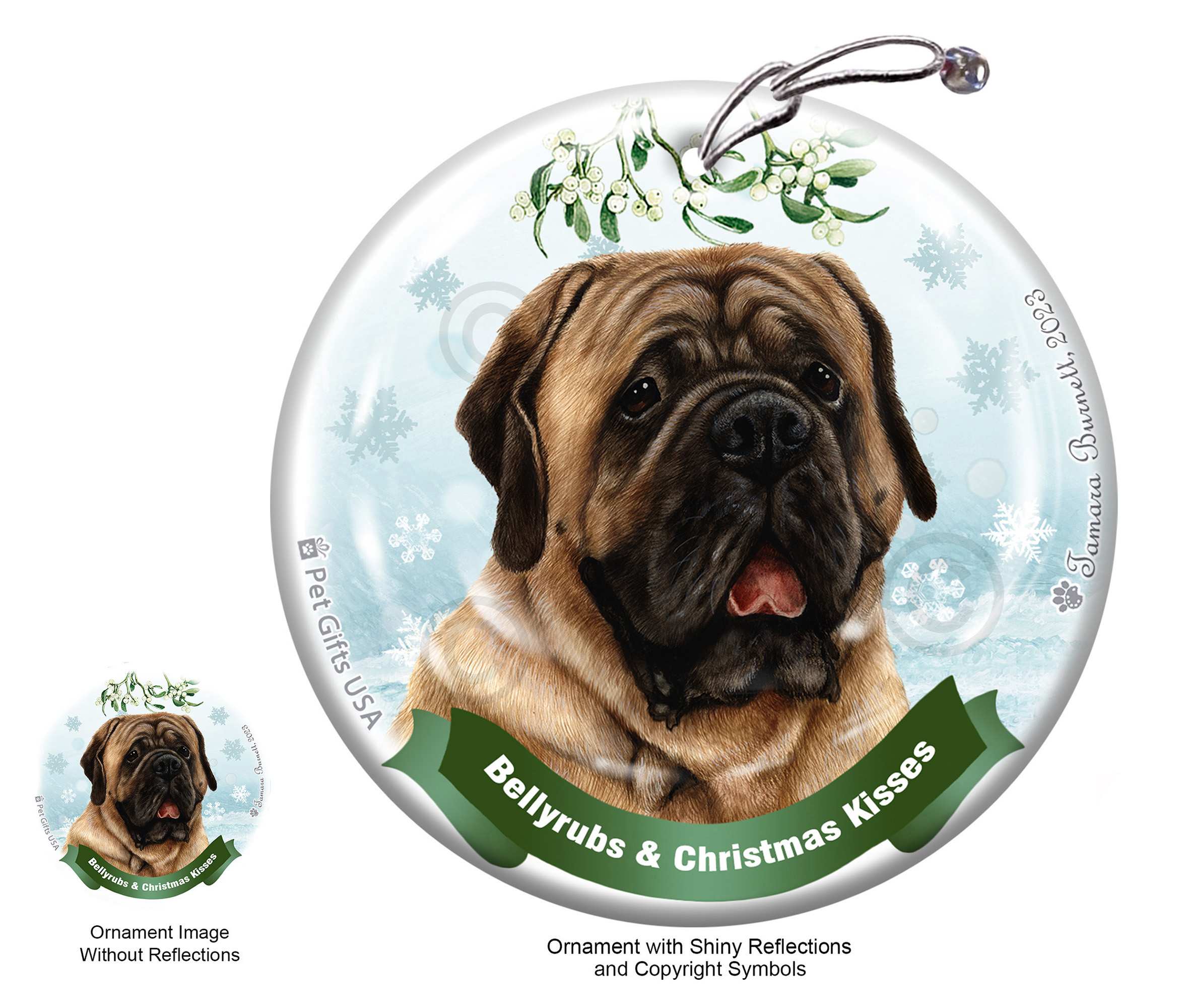 Mastiff Fawn Belly Rubs and Christmas Kisses Ornament Image