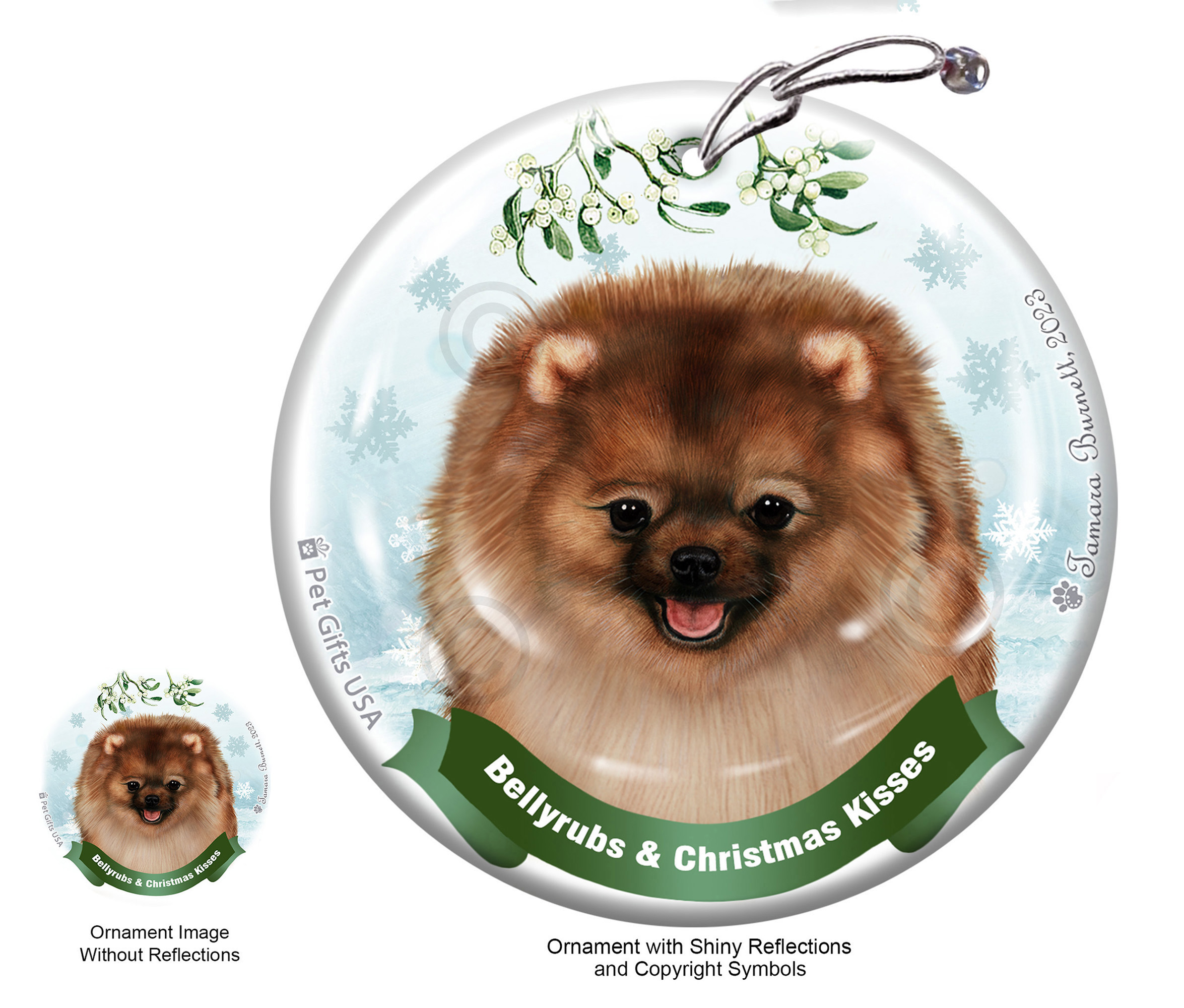 Pomeranian Sable Belly Rubs and Christmas Kisses Ornament Image Pomeranian Sable Belly Rubs and Christmas Kisses Ornament Image