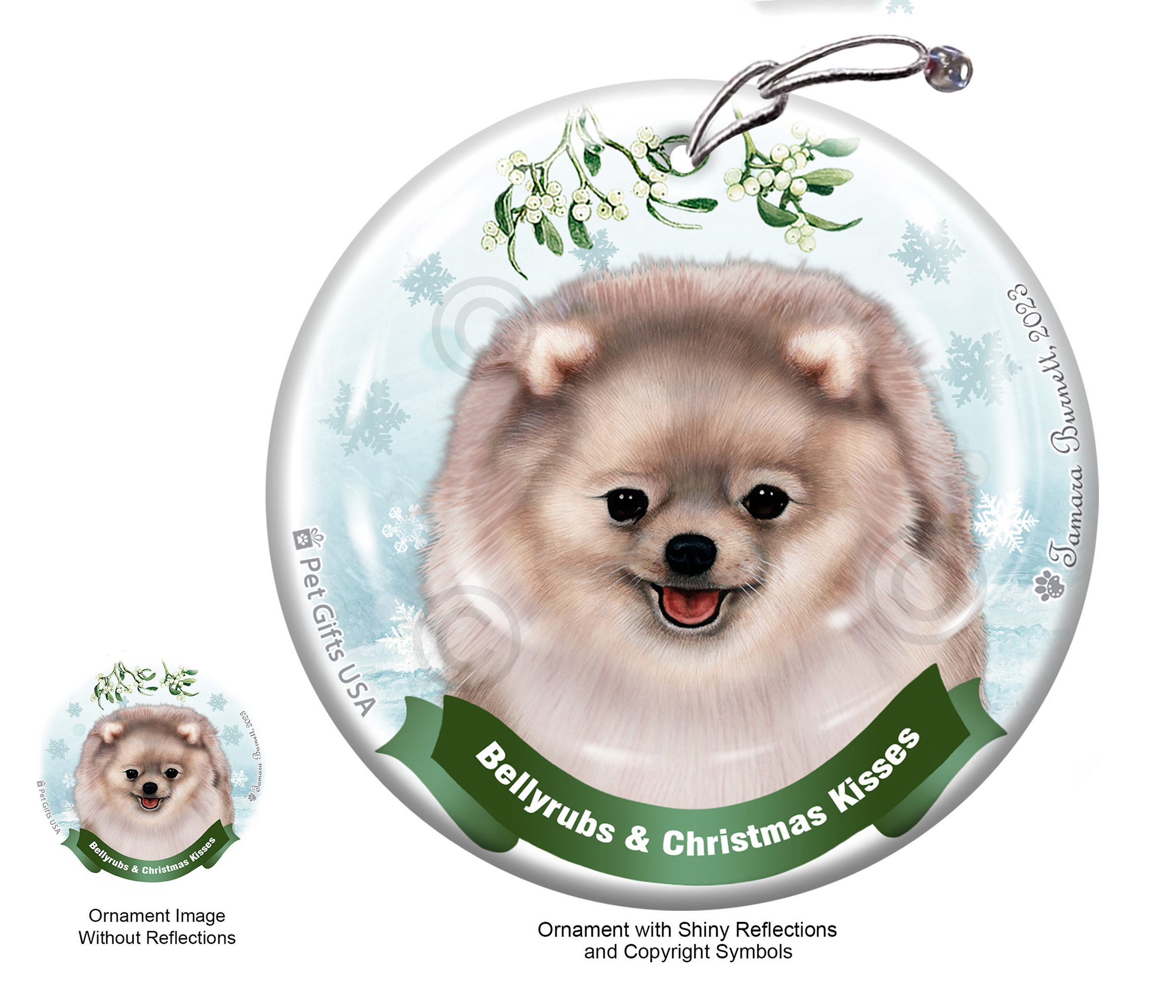 Pomeranian Silver Belly Rubs and Christmas Kisses Ornament Image Pomeranian Silver Belly Rubs and Christmas Kisses Ornament Image