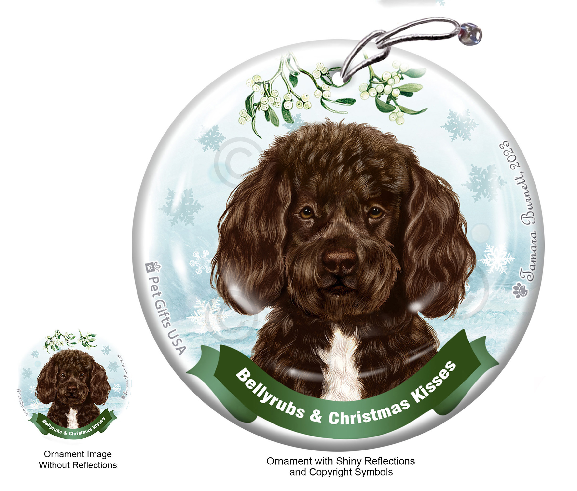 Portuguese Water Brown and White Bearded Belly Rubs and Christmas Kisses Ornament Image