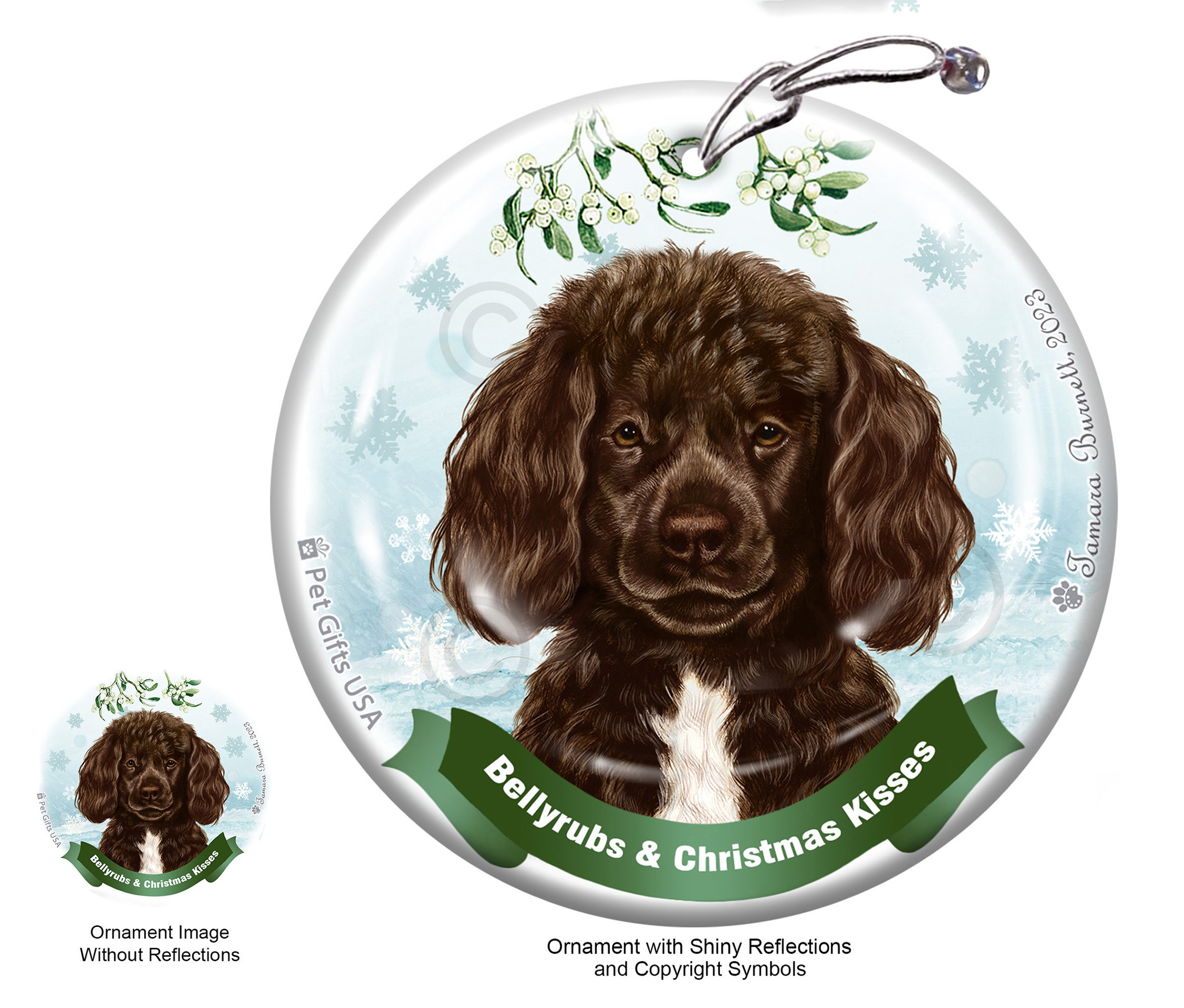 Portuguese Water Brown and White Beardless Belly Rubs and Christmas Kisses Ornament Image
