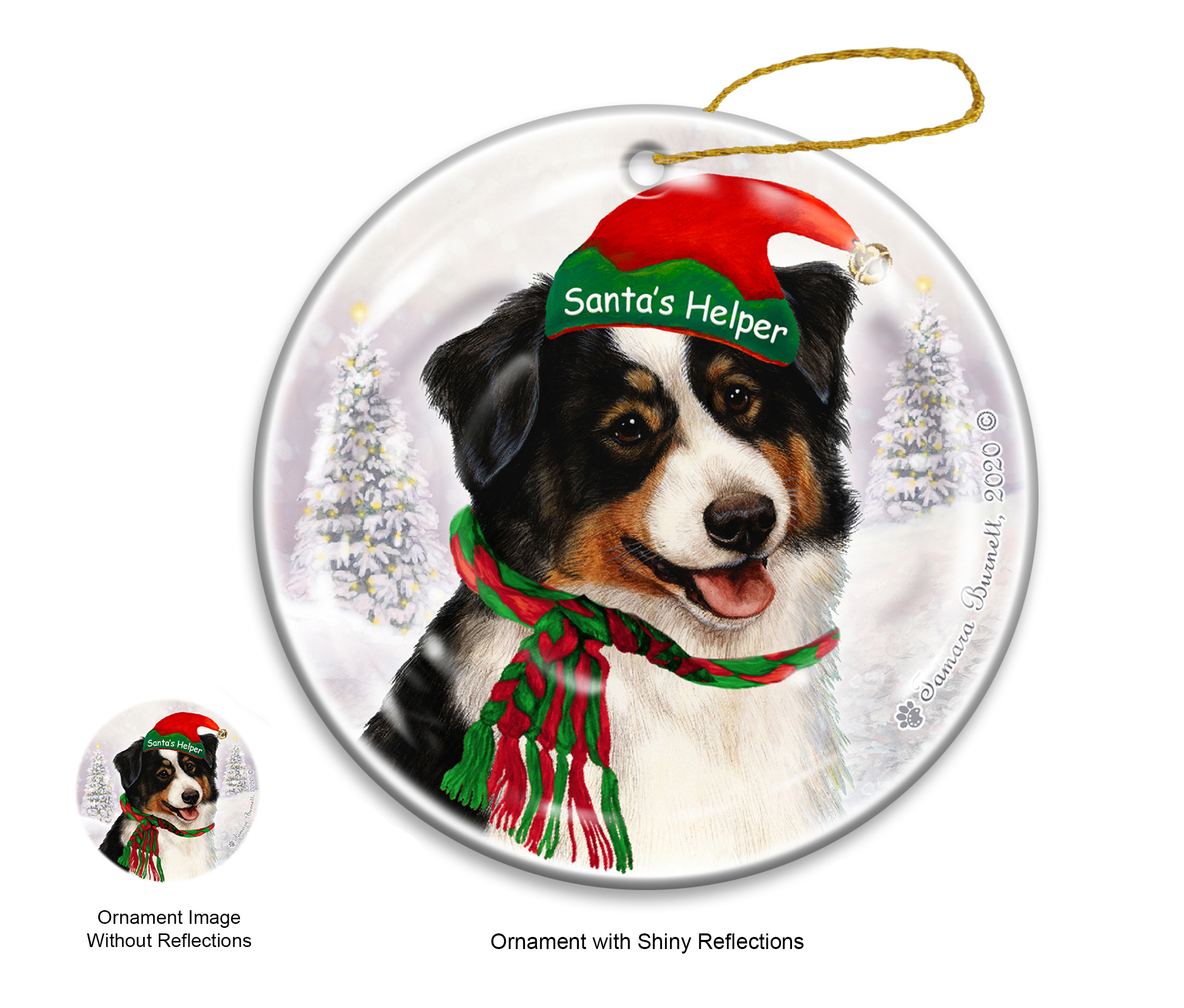 Australian Shepherd Black Tri - Santa's Helper Ornament image