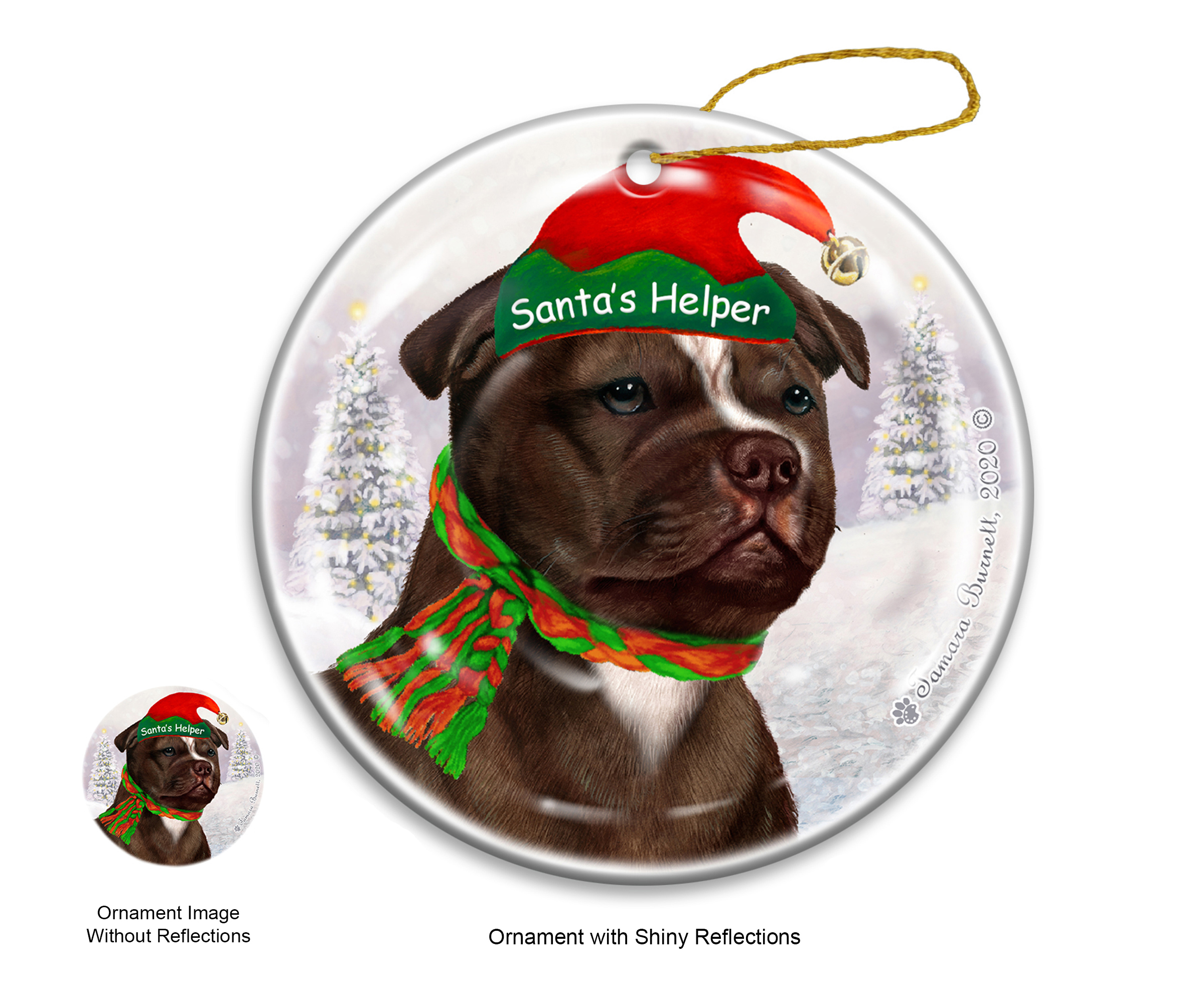 Staffordshire Bull Terr Choc & White - Santa's Helper Ornament image