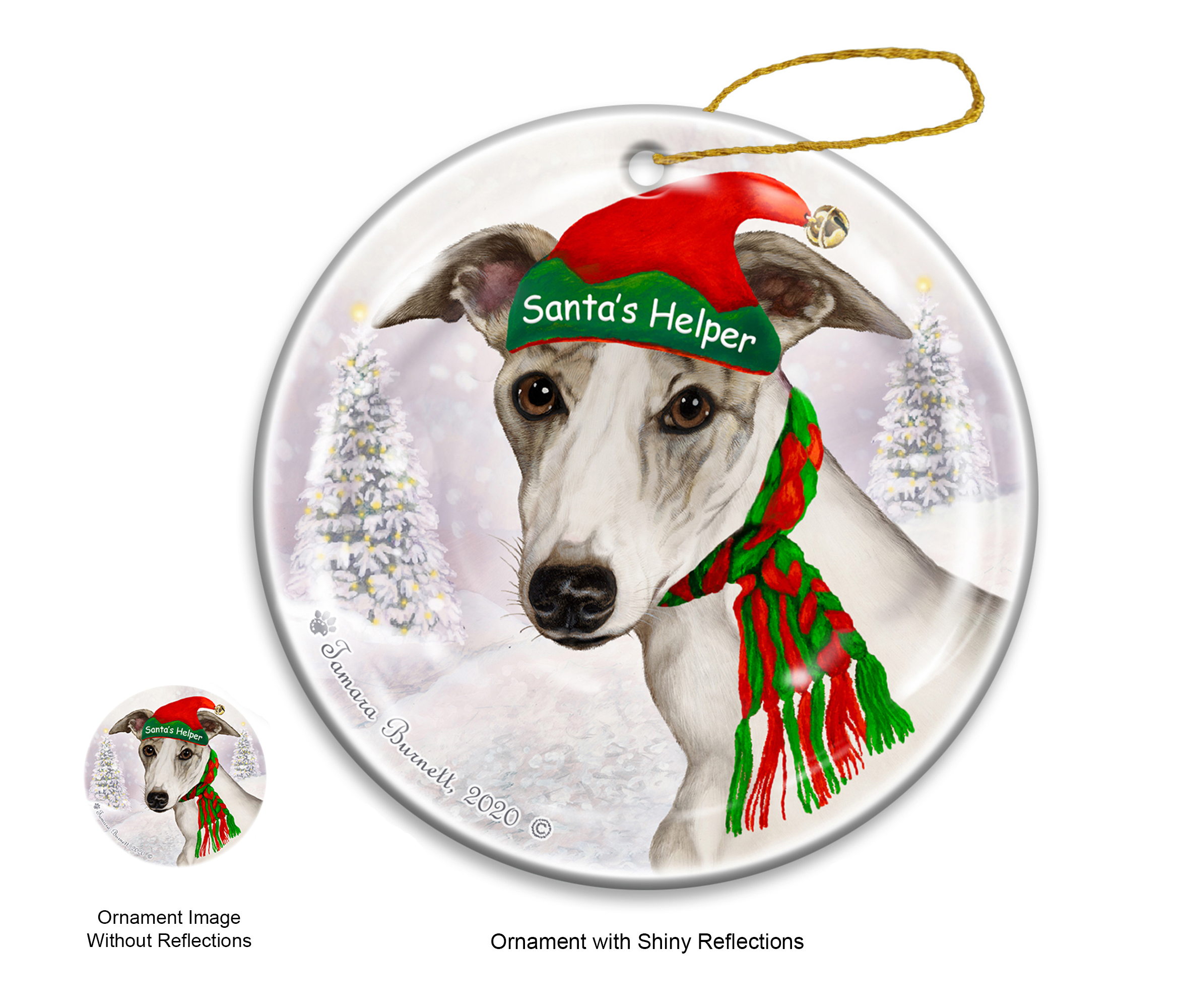 Whippet Fawn Brindle & White - Santa's Helper Ornament image