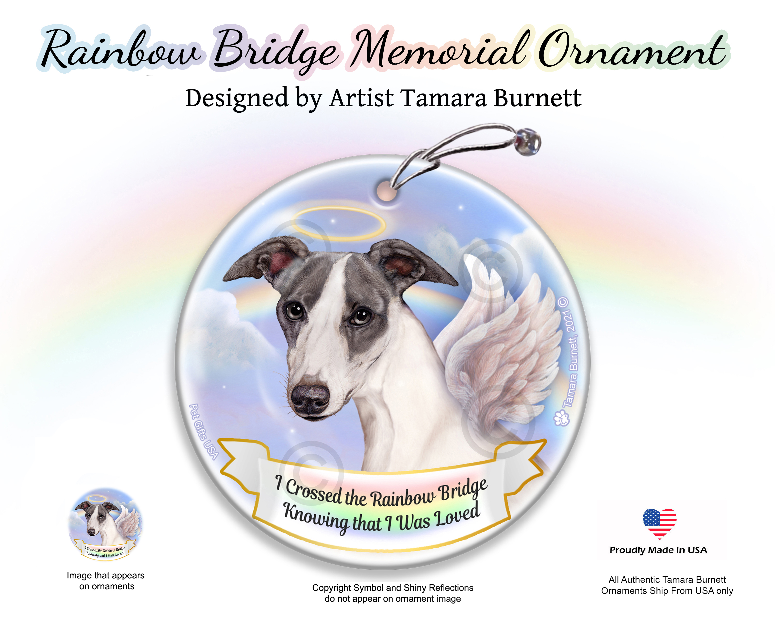 Whippet Blue/White Rainbow Bridge Memorial Ornament Image