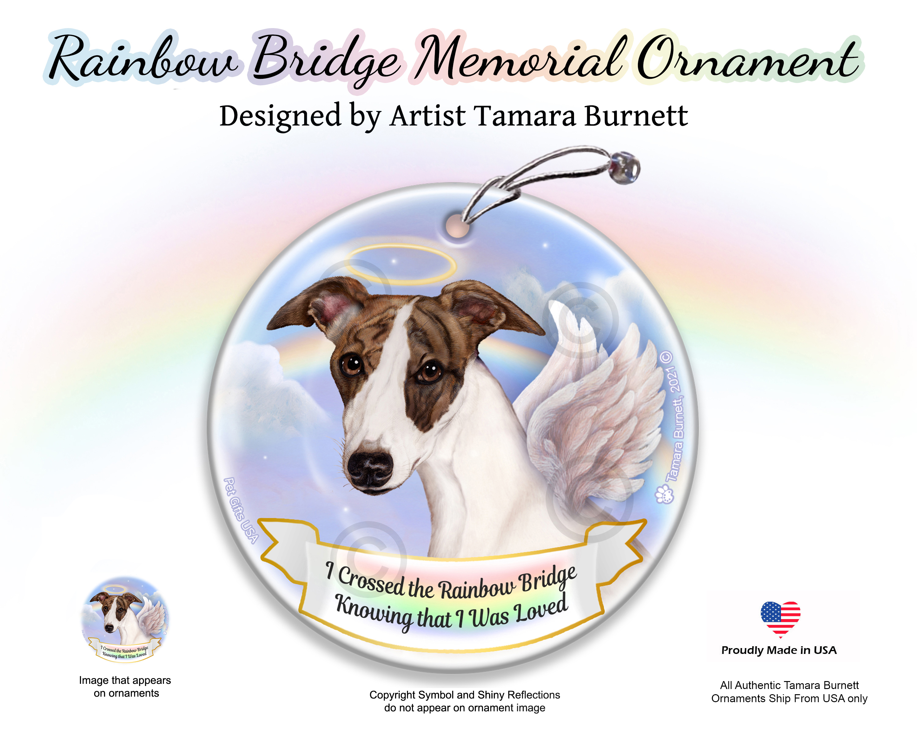 Whippet Dark Brindle/White Rainbow Bridge Memorial Ornament image