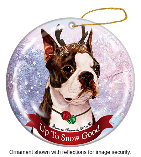 Boston Terrier Brindle and White - Up To Snow Good Ornament Image