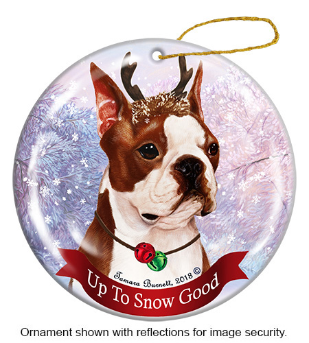 Boston Terrier Red and White - Up To Snow Good Ornament Image