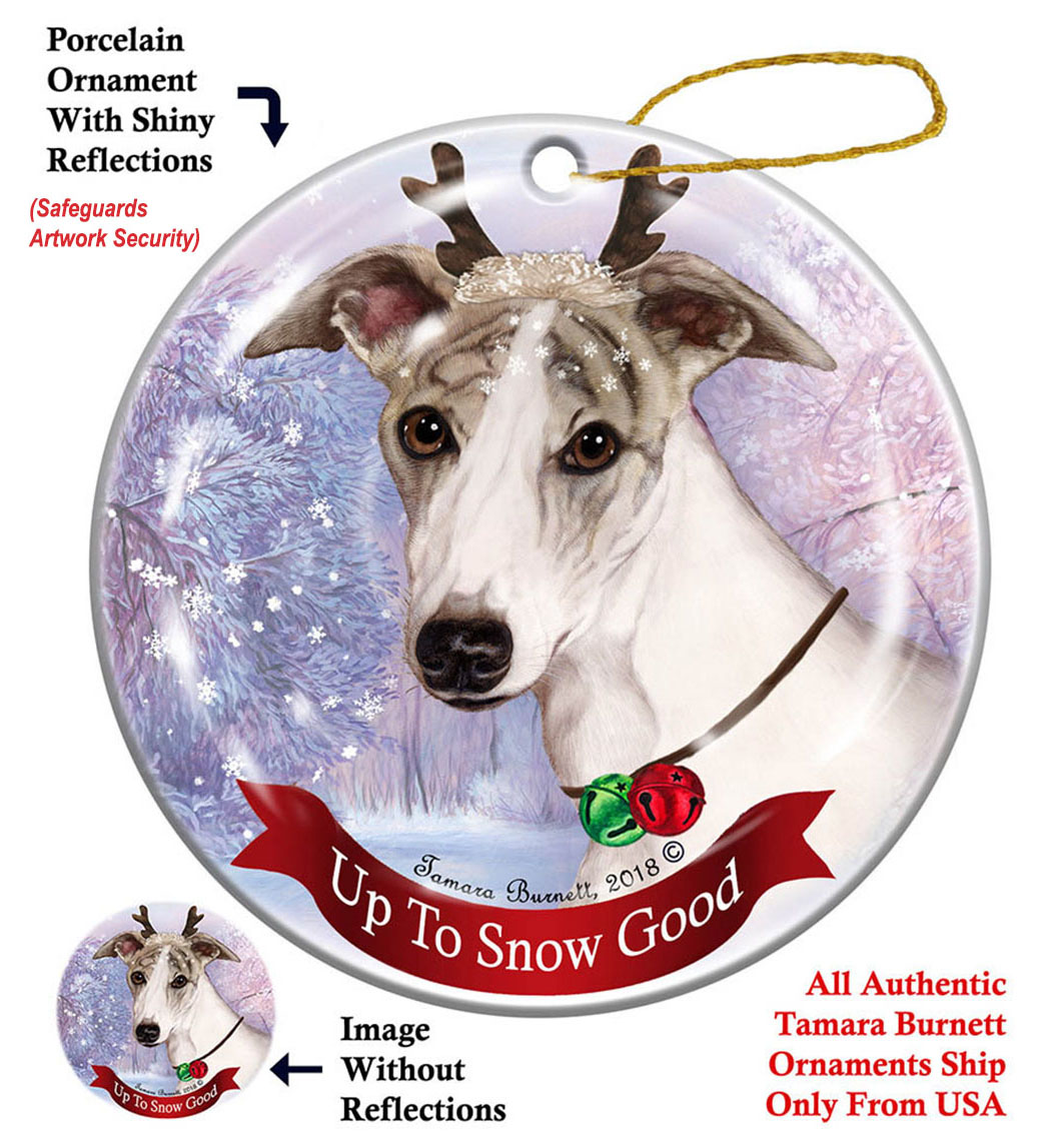 Whippet Fawn Brindle/White - Up To Snow Good Ornament Image