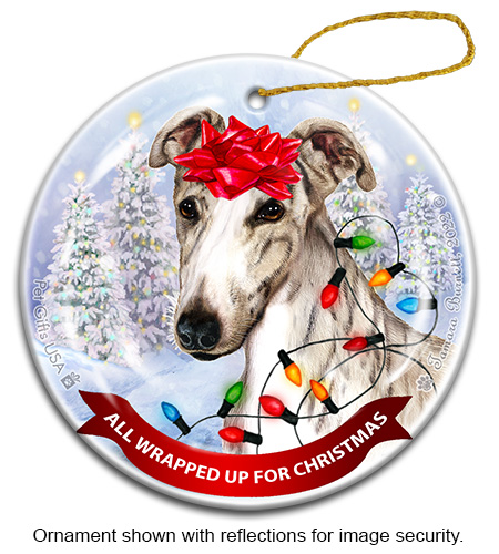 Greyhound Brindle Fawn All Wrapped Up Ornament Image