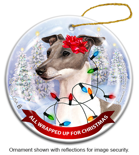 Italian Greyhound Blue & White All Wrapped Up Ornament image
