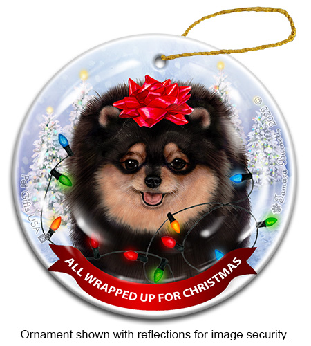 Pomeranian Black & Tan All Wrapped Up Ornament image Pomeranian Black & Tan All Wrapped Up Ornament image