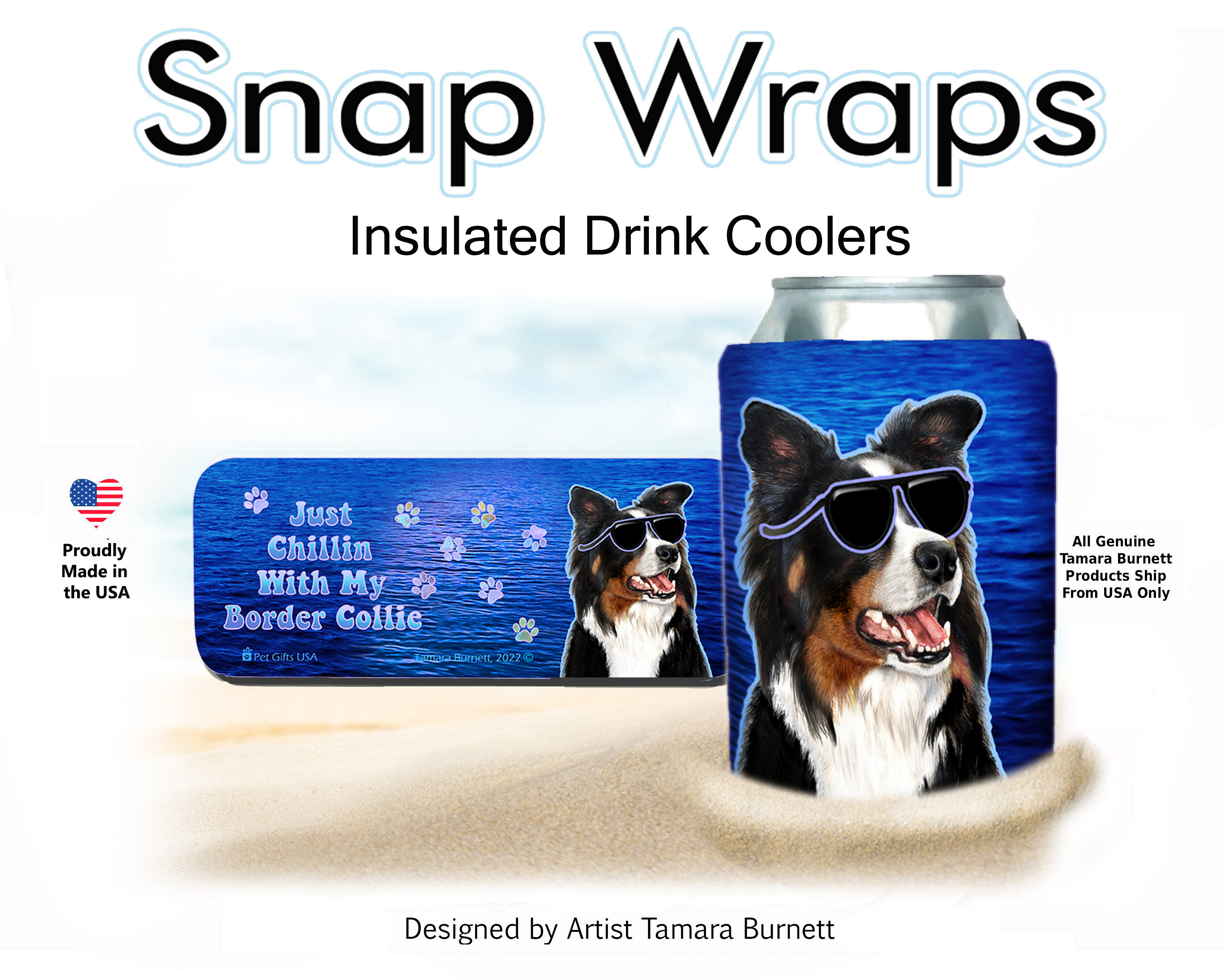 Border Collie Tri Color Snap Wrap Insulated Drink Holder image