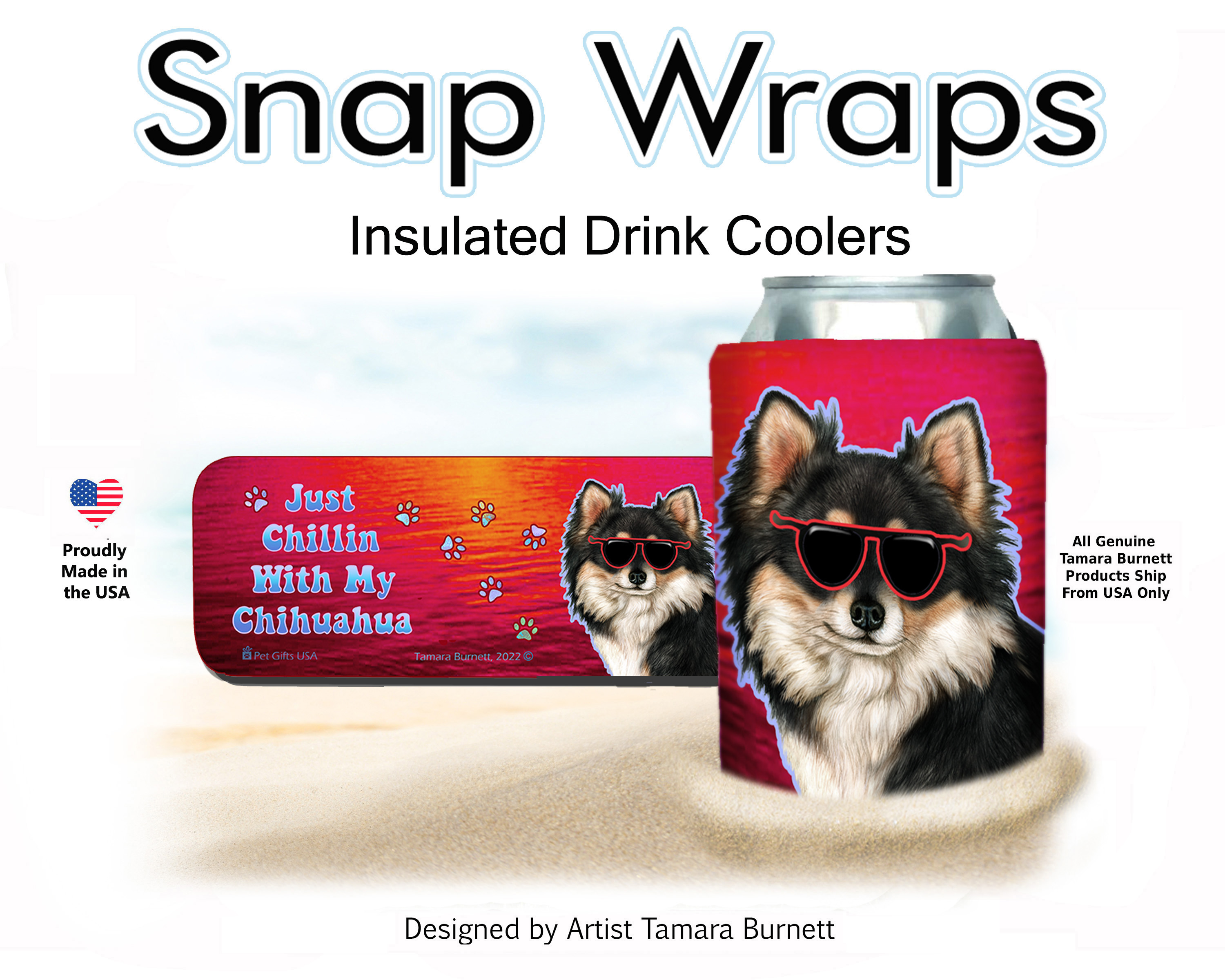 Chihuahua Long Hair Tri Color Snap Wrap Insulated Drink Holder image