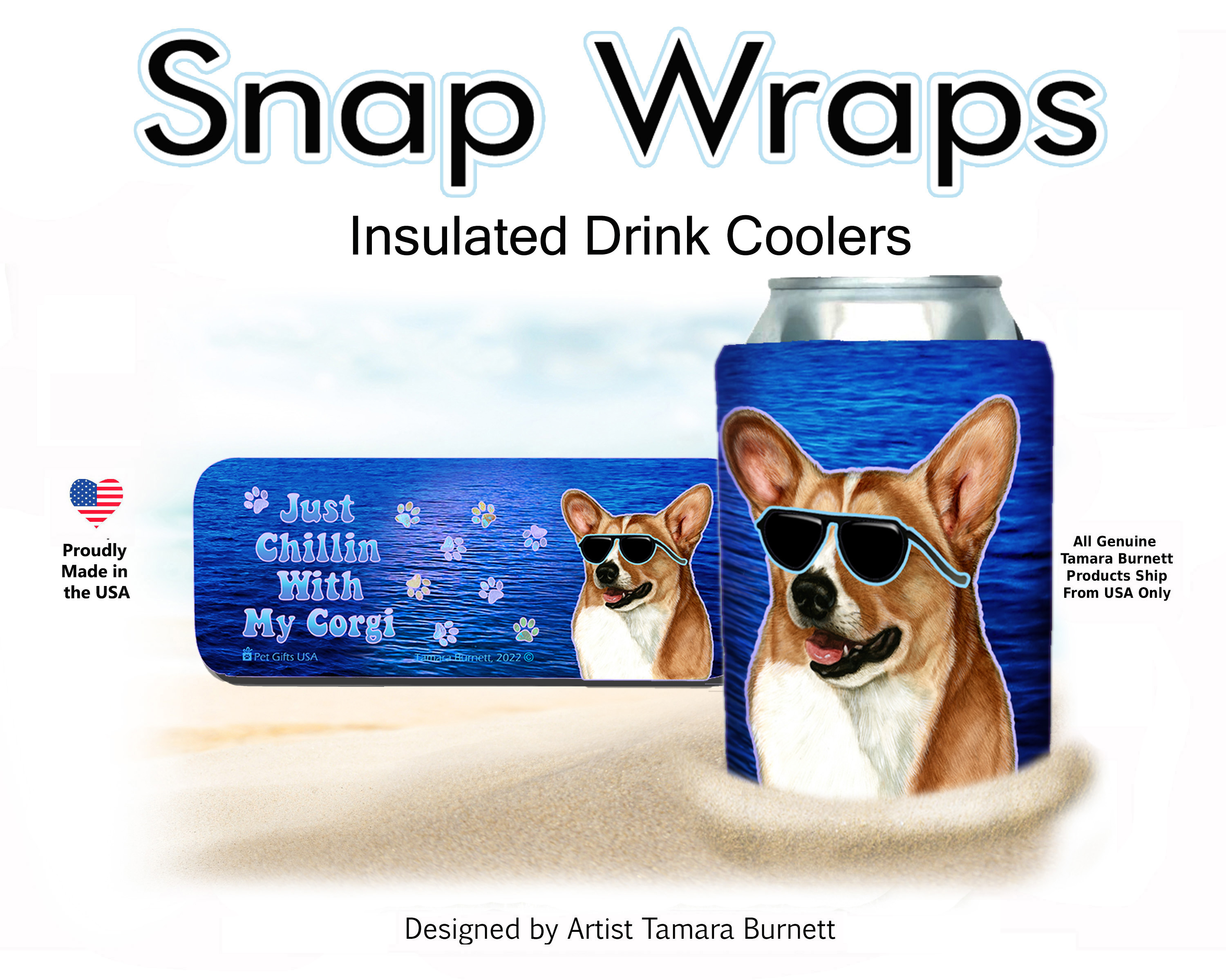 Corgi Pembroke Tan/Wht Snap Wrap Insulated Drink Holder Cozy image