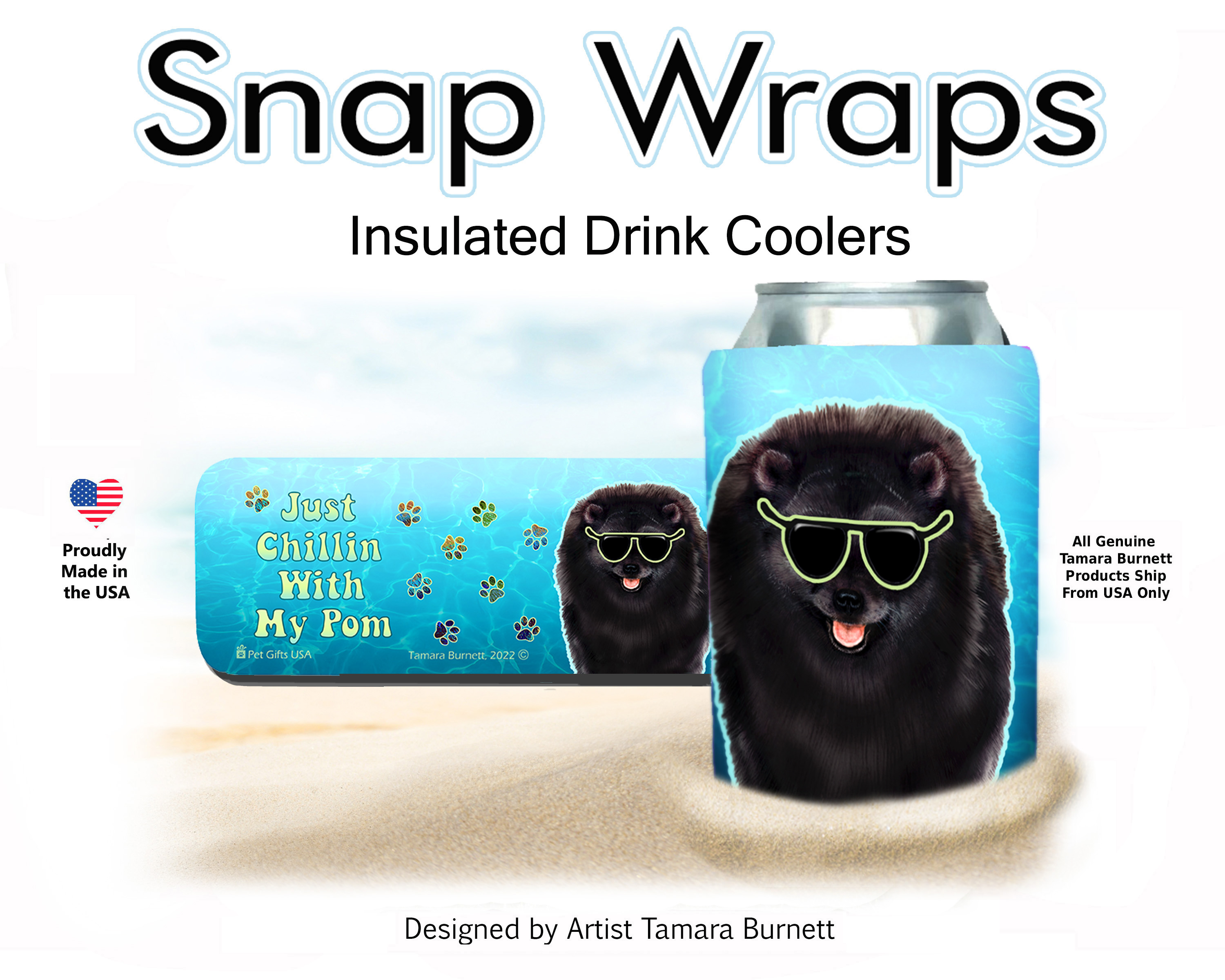 Pomeranian Black Snap Wrap Insulated Drink Holder Image