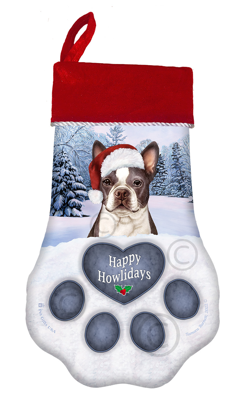Boston Terrier Blue and White Holiday Stocking image