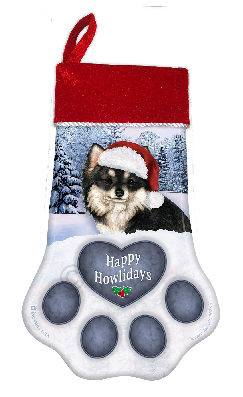 Chihuahua Long Hair Black & White Holiday Stocking image