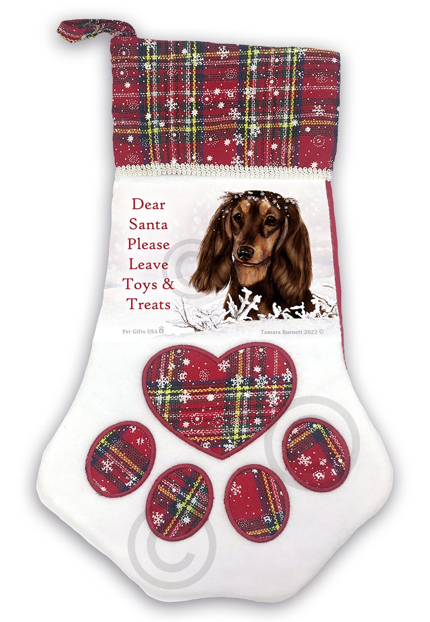 An image of product 27795 - Dachshund Long Hair Chocolate and Tan Plaid Holiday Stocking